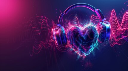 Neon heart beats with headphones and sound waves in digital space on purple background