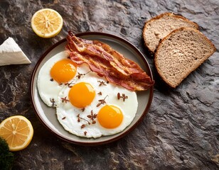  Eggs with Bacon and toasted bread, a classic and delicious breakfast