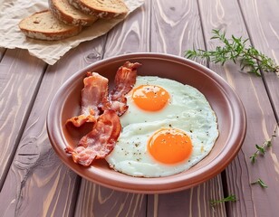  Eggs with Bacon and toasted bread, a classic and delicious breakfast