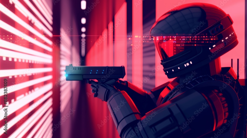 Poster an armored guard operating a holographic defense shield system in a high-tech corridor