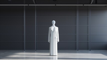 Fototapeta premium A stand-in mannequin dressed in avant-garde fashion in an empty industrial warehouse