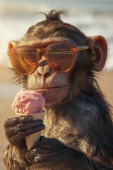 Monkey wearing orange sunglasses holds pink ice cream cone on sandy beach with vast ocean. Relaxing primate enjoys sweet treat on tropical vacation spot. Beachgoers sunbathe, play in distance.