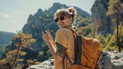 Smiling Woman Hiking in Mountains