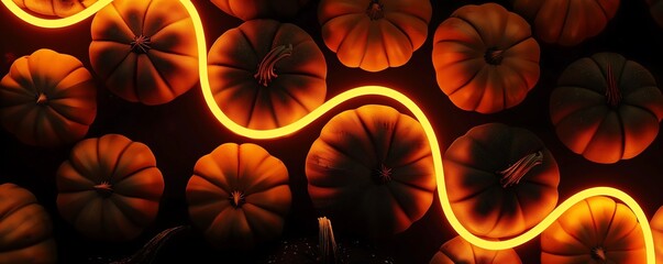 Dark image of pumpkins with bright orange neon lines illuminating the pumpkins lying on a black background and curving around, concept creative illustration and macabre illustration for Halloween
