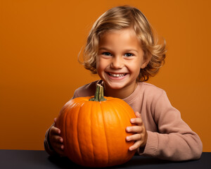 Happy Thanksgiving day traditional backdrop. Kid with pumpkin. Celebrating autumn holidays.