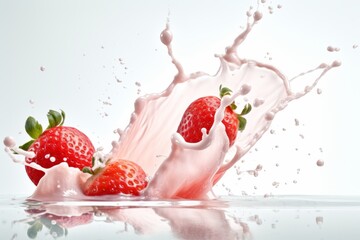 Fresh strawberries splashing into creamy yogurt, captured in mid-air, creating a dynamic and appetizing scene. The vibrant red of the strawberries contrasts beautifully with the white yogurt
