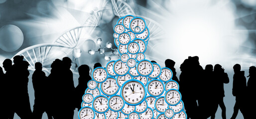 A surreal image featuring a human figure composed of numerous clocks, standing against a backdrop...