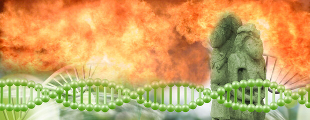 stylized figures of DNA helices on fire