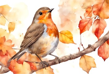 white illustration background red leaves sitting olated yellow bird cute watercolor feather symbol print autumn fall colours winter tree nature bright branch robin design paint treebranch plumage