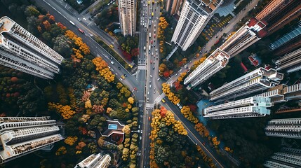 view from above of the main downtown road surrounded by many modern buildings of the same color