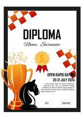 Certificate Diploma Template to Chess Tournament Winner. The figure of the Knight chess piece and Trophy Cup with elements of chessboard. Chess Participation certificate. Vector Illustration.