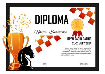 Certificate Diploma Template to Chess Tournament Winner. The figure of the Knight chess piece and Trophy Cup with elements of chessboard. Chess Participation certificate. Vector Illustration.