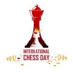 World Chess Day concept icon. The queen piece stands behind pawn piece wearing a crown. Minimalist card to International Chess Day.