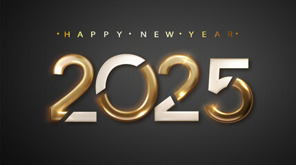 2025 Happy New Year with golden realistic ribbon on black background. Christmas holiday illustration