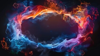 Abstract neon ring frame with glowing fire and smoke, blue pink light effect on black background