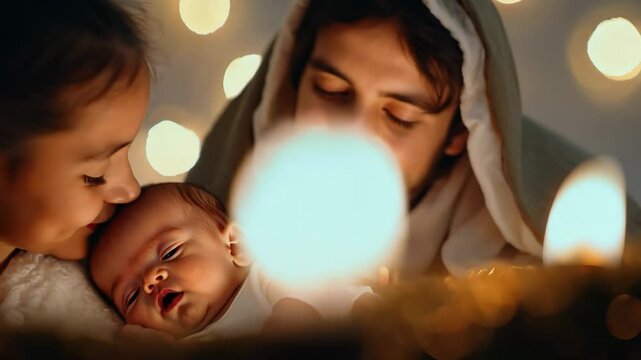 Mother and children portraying nativity scene with glowing lights