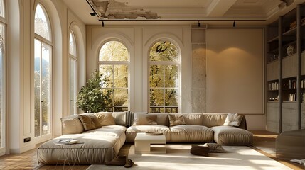 A living room with large windows and a couch.
