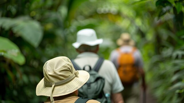 A group of elderly retirees on a nature excursion. Retirees walking on a serene trail through the green forest.