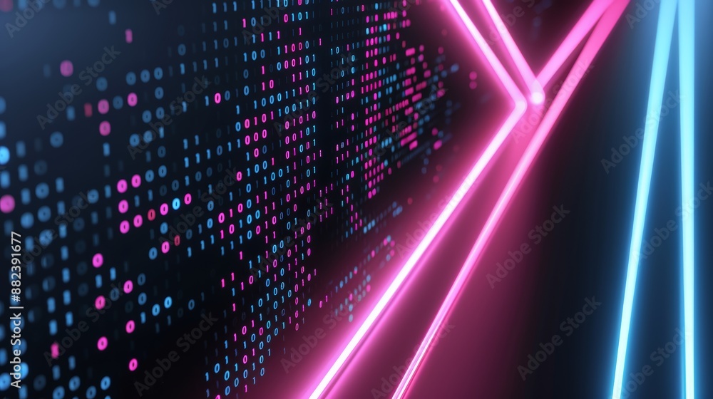 Poster blue and pink binary code overlaying a sleek black background