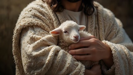 Jesus Christ's hands tenderly embracing a lamb. Conceptual picture with a feeling of safety and concern