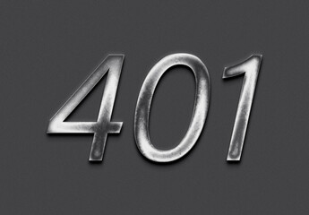 Chrome metal 3D number design of 401 on grey background.
