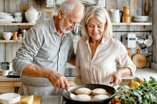 Couple cooking in kitchen. Happy senior man and woman at home cooking healthy food, potato pancakes. Old people with vegan dinner. Mature family lifestyle. Senior retired couple cook meal together