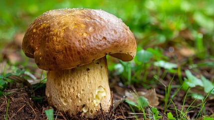 A mushroom is growing in the grass.