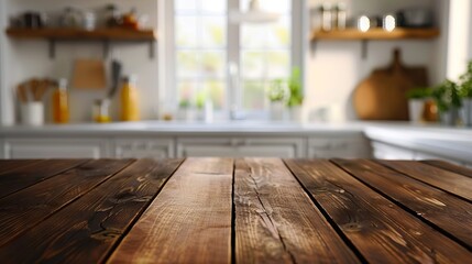 A wooden table in a kitchen with a blurred background.