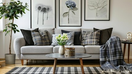 Interior design of cozy living room with stylish sofa, coffee table, dired flowers in vase, mock up poster, carpet, decoration, pillows, plaid and personal accessories in modern home decor. Template.
