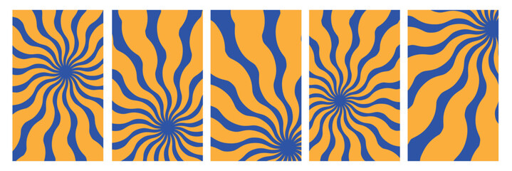 Fototapeta premium Sun groovy square design elements set. Various yellow floral hippie poster templates, hand drawn abstract wavy patterns in modern retro Matisse style. Vector illustration on transparent background