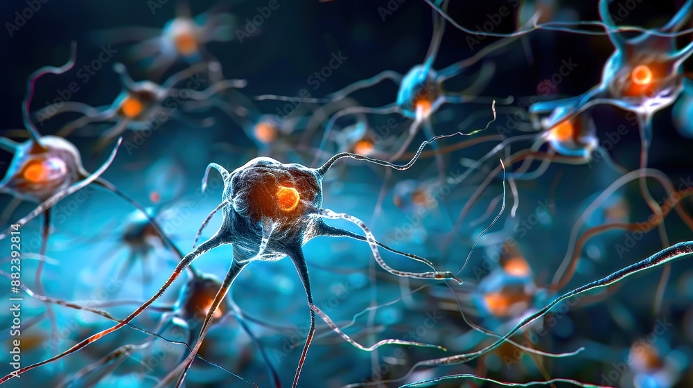 Poster microscopic visualization of neural networks, showing intricate connections of neurons in the human 