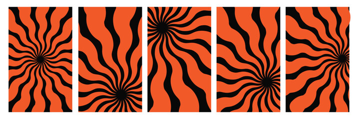 Fototapeta premium Groovy retro abstract sun backgrounds. Sun groovy vertical design elements set. Groovy sunburst. Matisse sun background. Various sun burst hippie posters hand drawn Waves, swirl, twirl, flower, rays
