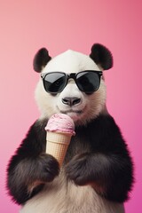 Panda bear stands on hind legs holding pink ice cream cone wearing sunglasses and black shirt against pink background. Cute animal enjoys sweet treat in fun setting.