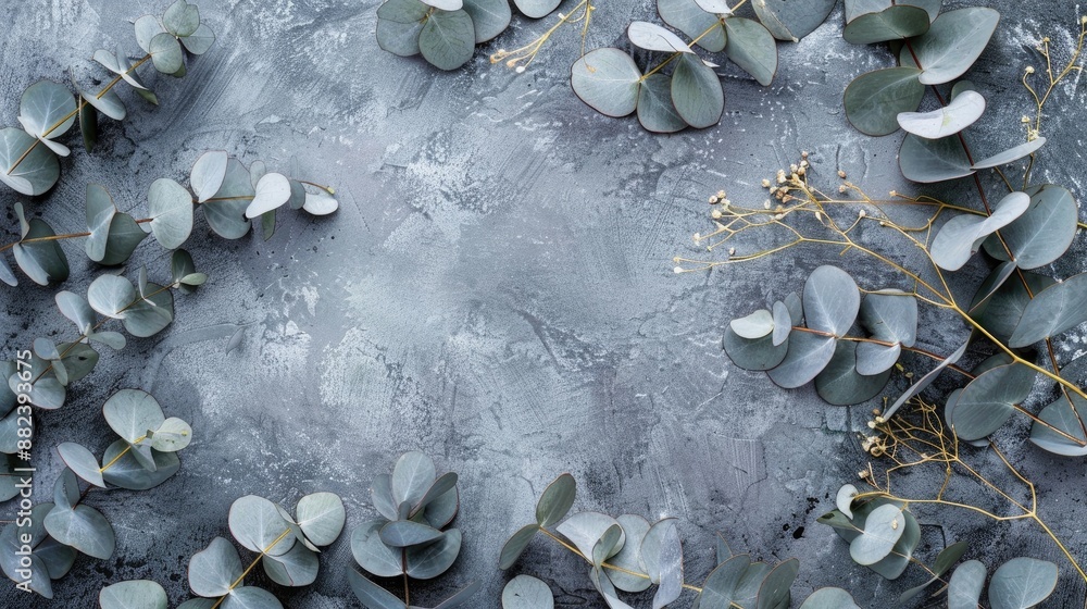 Poster eucalyptus leaves on gray surface with branch pattern top view with space for text