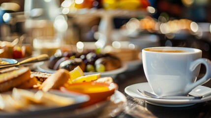 Close up of cup of coffee and buffet breakfast in hotel restaurant. 