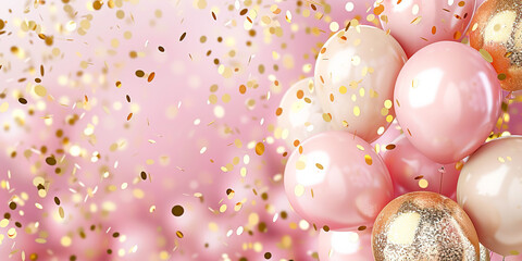 A banner background perfect for a birthday celebration features a delightful combination of pastel pink and gold confetti and balloons
