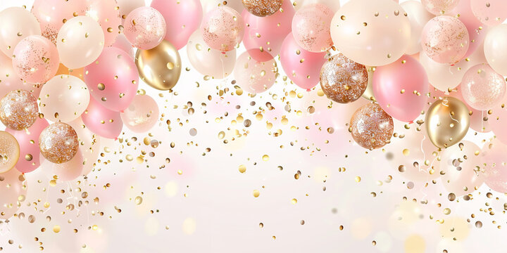 A banner background perfect for a birthday celebration features a delightful combination of pastel pink and gold confetti and balloons