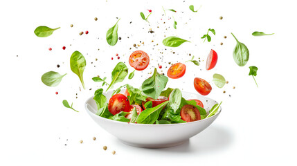 Flying salad ingredients isolated on white background.