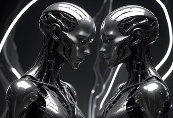 Two futuristic humanoid figures profile portrait with intricate metallic and organic features facing each other, set against a dark background with glowing elements, both sides