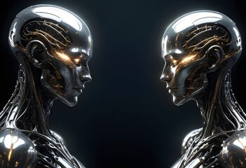 Two futuristic humanoid figures profile portrait with intricate metallic and organic features facing each other, set against a dark background with glowing elements, both sides