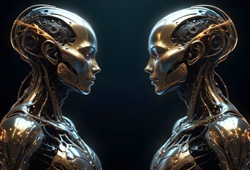 Two futuristic humanoid figures profile portrait with intricate metallic and organic features facing each other, set against a dark background with glowing elements, both sides