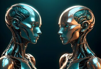 Two futuristic humanoid figures profile portrait with intricate metallic and organic features facing each other, set against a dark background with glowing elements, both sides