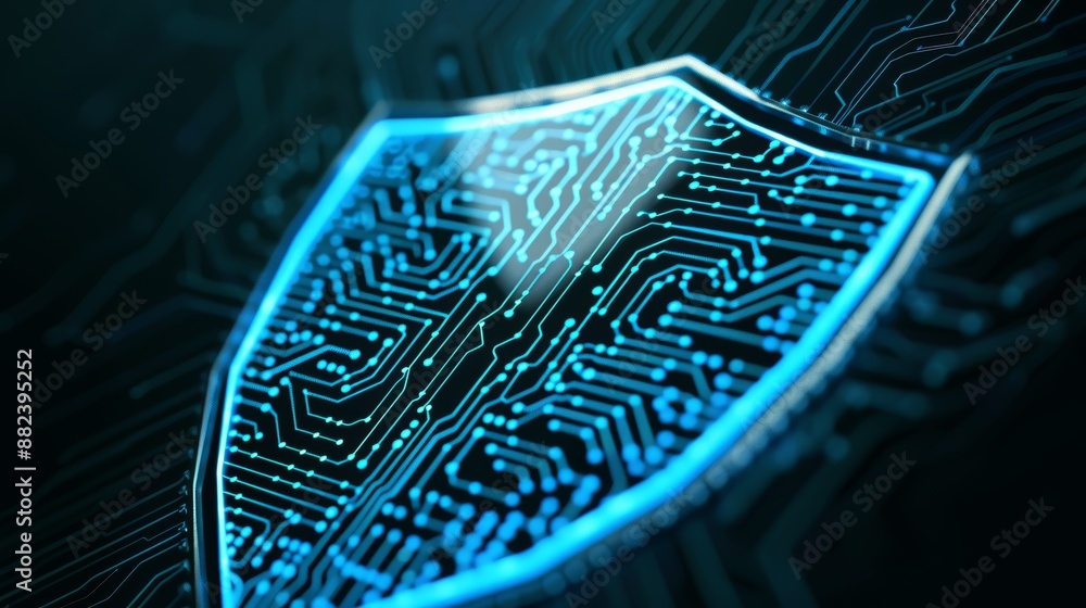 Poster digital shield with intricate circuitry patterns, glowing blue in a dark cyberspace backdrop, repres