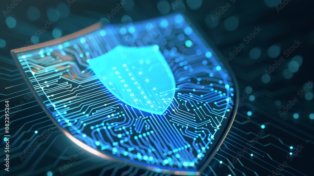 Poster digital shield with intricate circuitry patterns, glowing blue in a dark cyberspace backdrop, repres