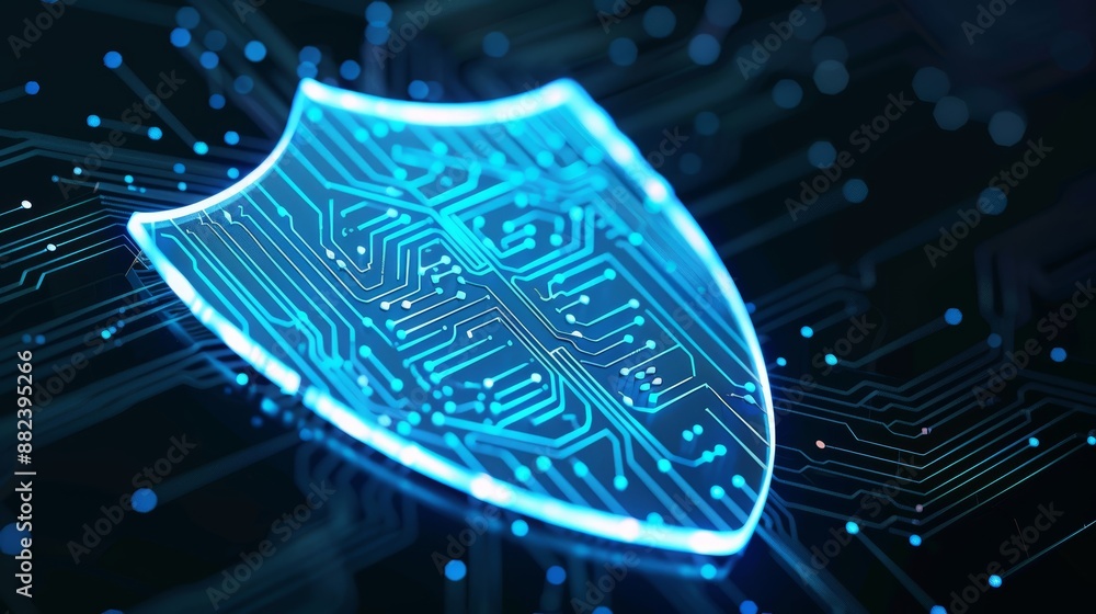 Poster digital shield with intricate circuitry patterns, glowing blue in a dark cyberspace backdrop, repres