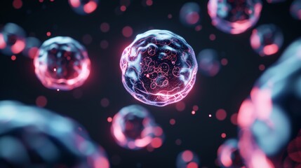 Naklejka premium Close-up of vibrant, glowing cells in fluid, intricate details, high-resolution photo, ideal for science presentations