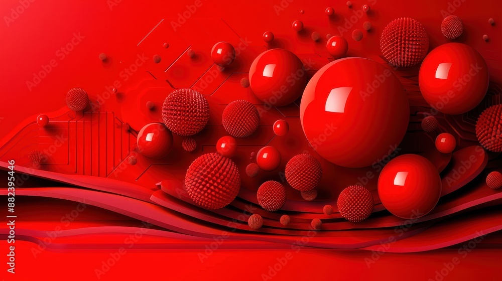 Poster vibrant red abstract 3d composition with spherical shapes, creating a dynamic and modern visual aest