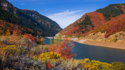 Colorful autumn trees along Deer creek reservoir shore in Utah