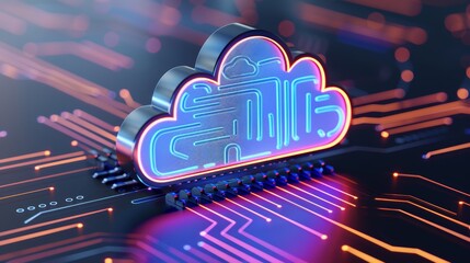 Data storage cloud icons, integrated within a high-tech circuit board, featuring glowing lines and holographic effects