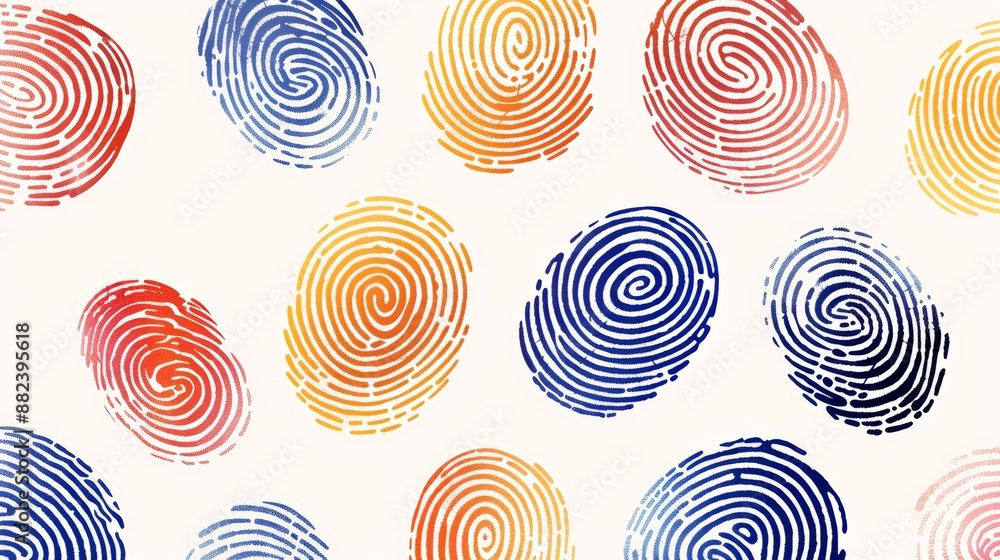 Poster digital art of multicolored fingerprints in an abstract pattern on a white background, high-resoluti